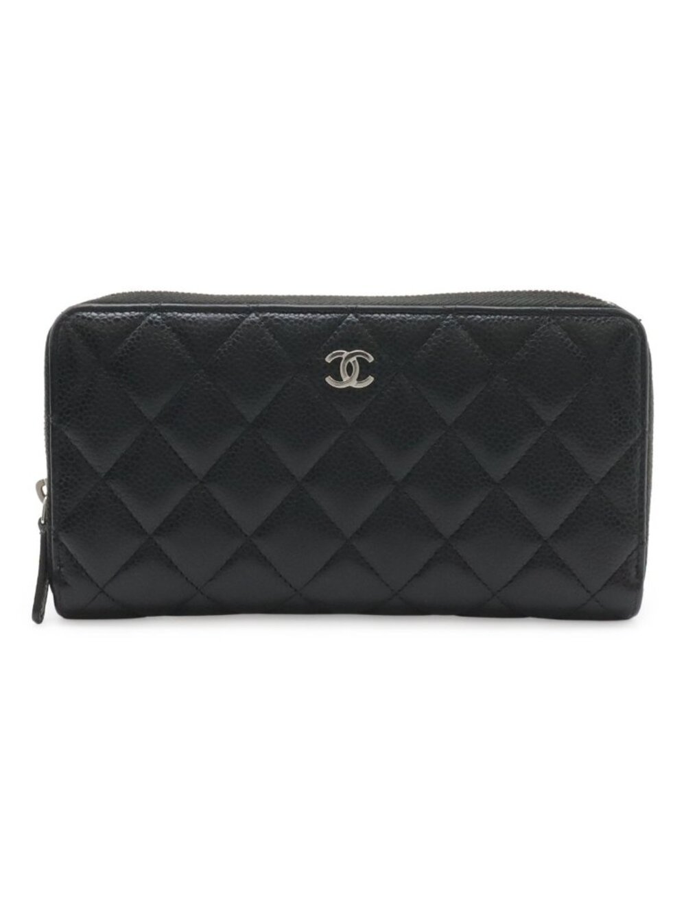 Chanel Quilted CC Logo Long Zip Wallet Zip Around Caviar Leather Black Silver